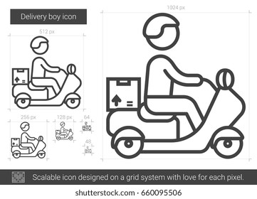 Delivery Boy Vector Line Icon Isolated On White Background. Delivery Boy Line Icon For Infographic, Website Or App. Scalable Icon Designed On A Grid System.