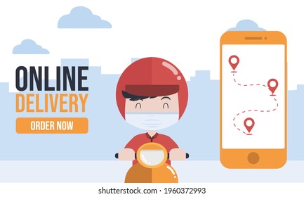 Delivery Boy wear helmet and face mask is Riding Scooter to delivery good. Banner of online delivery service. Vector Illustration for business concept.