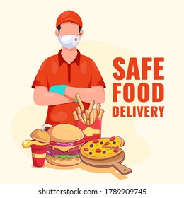 Delivery Boy Wear Protective Mask With Gloves And Presenting Fast Food On Light Yellow Background For Safe Food Deliver.