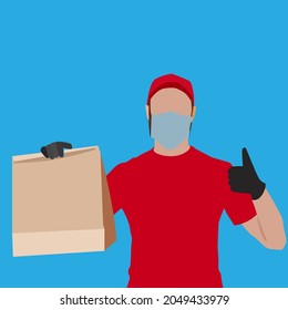 The delivery boy wears a red t-shirt and a cape mask, wears gloves on his hand and holds a cover paper envelope in his hand. The vector model illustration