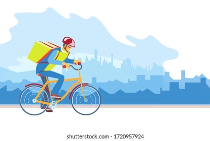 Delivery Boy worker of fast delivery service. Bicycle courier, Express Online ordering mobile app. Man on bicycle with parcel box on backpack delivers food In city. Ecological courier carrier service