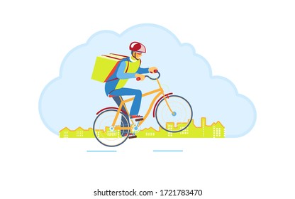 Entrega Trabajador de servicio de entrega rápida. Correo en bicicleta, aplicación móvil de pedido de Express Online. Hombre en bicicleta con paquete en mochila entrega comida en la ciudad. Servicio de transporte de mensajería ecológica