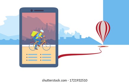 Entrega Trabajador de servicio de entrega rápida. Correo en bicicleta, aplicación móvil de pedido de Express Online. Hombre en bicicleta con paquete en mochila entrega comida en la ciudad. Servicio de transporte de mensajería ecológica