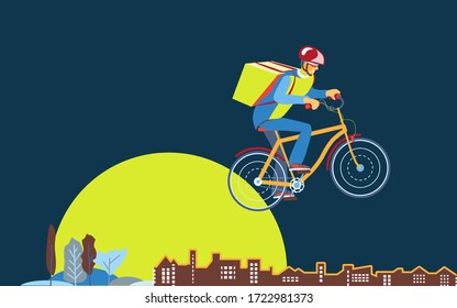 Delivery Boy worker of fast delivery service. Bicycle courier, Express Online ordering mobile app. Man on bicycle with parcel box on backpack delivers food In city. Ecological courier carrier service