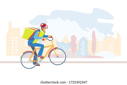 Parto Trabajador del servicio de entrega rápida. Correo en bicicleta, aplicación móvil de pedidos de Express Online. Hombre en bicicleta con una caja de paquetes en mochila entrega comida en la ciudad. Servicio de mensajero de mensajería ecológica