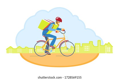 Delivery Boy worker of fast delivery service. Bicycle courier, Express Online ordering mobile app. Man on bicycle with parcel box on backpack delivers food In city. Ecological courier carrier service