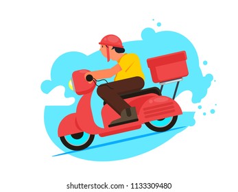 Delivery boy with a yellow shirt on a red scooter‬‏