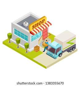 Delivery of bread to a small shop vector isometric illustration