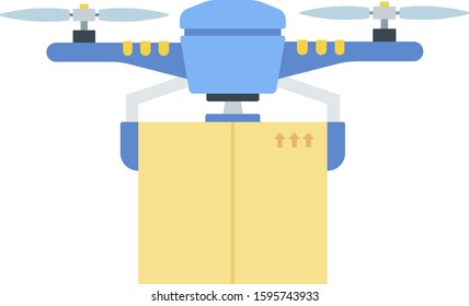 Delivery of bulk cargo in a box with a drone vector flat icon isolated on white