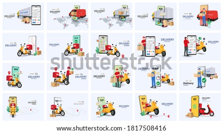 Delivery bundle with people characters, Scooters, Truck, and Smartphone. Online order and couriers delivery at home, global shipping and local distribution, logistics situations. Express delivery