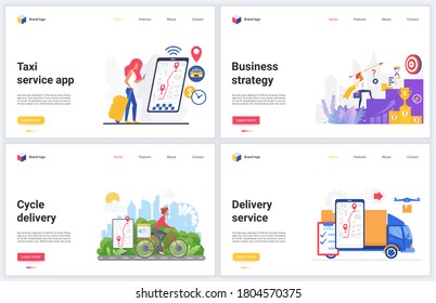 Delivery business services vector illustrations. Cartoon flat delivering technology webpage interface design banner set with successful business strategy for shipping company, taxi transportation
