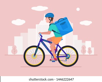 Delivery By Bicycle. Vector Illustration Concept Service Fast Food Delivery By Bicycle. Courier On A Bike  With A Package Food. Man On A Bike Carriers By The City A Big Bag With Meal Behind His Back. 