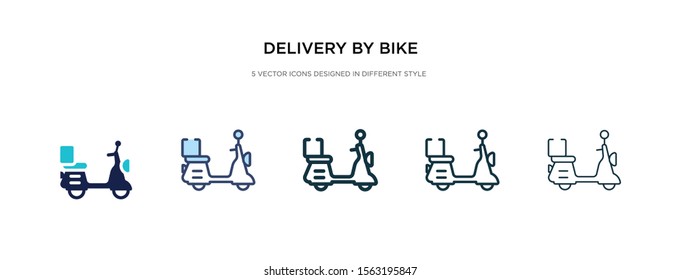 delivery by bike icon in different style vector illustration. two colored and black delivery by bike vector icons designed in filled, outline, line and stroke style can be used for web, mobile, ui