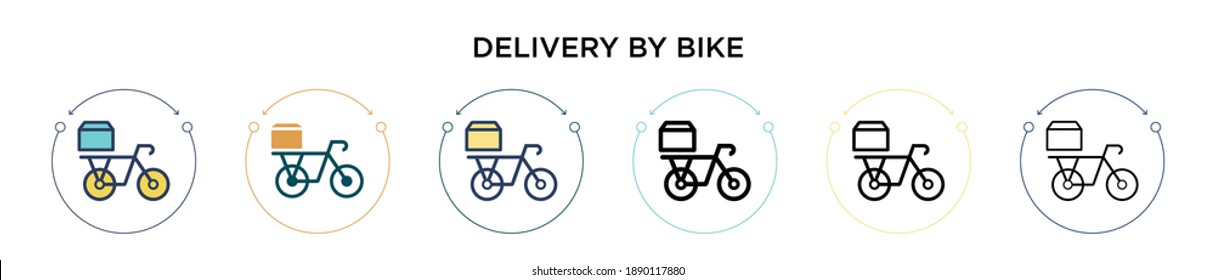 Delivery by bike icon in filled, thin line, outline and stroke style. Vector illustration of two colored and black delivery by bike vector icons designs can be used for mobile, ui, web