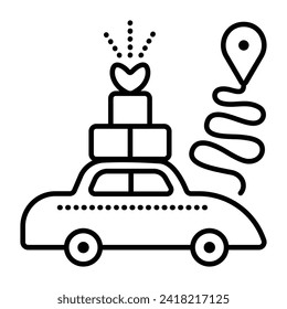 Delivery by car, courier taxi with gift packages on the way to its destination, black line vector icon