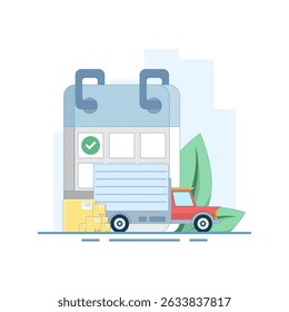 Conceito De Entrega Por Data. Calendário de entrega com caminhões e calendário. O sistema de controle de entrega recebe dados. Data de entrega estimada no site de comércio eletrônico para os clientes verem. Ilustração plana.