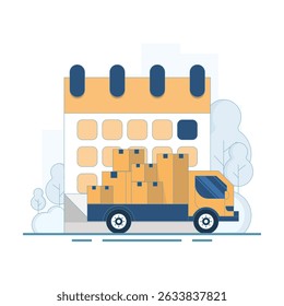 Delivery By Date Concept. Delivery schedule with trucks and calendar. Delivery tracking system receives data. Estimated delivery date on e-commerce site for customers to see. Flat illustration.