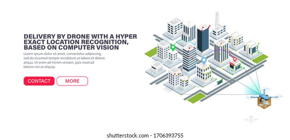 Delivery by drone with a hyper exact location recognition, based on computer vision. Accurate orientation in the city. Error-free city navigation. Isometric vector illustration