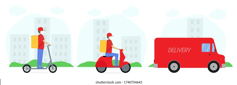 Delivery by electric scooter, scooter, or truck. A masked courier is walking through the city. Vector illustration