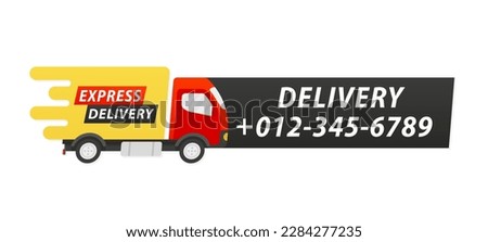 Delivery by fast truck on time. Online delivery service. Fast moving. Fast delivery of applications and websites. Delivery concept. With phone number. Vector illustration