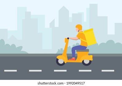 Delivery by moped. A motorcyclist in a helmet delivers food in a box. Delivery courier. Fast delivery around the city. Background of the city, highway, traffic rules. Vector