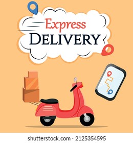 Delivery by moped. Transportation of goods. Navigation. Vector stock illustration. Fast shipping. Logistics. Beige background.