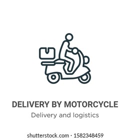 Delivery by motorcycle outline vector icon. Thin line black delivery by motorcycle icon, flat vector simple element illustration from editable delivery and logistics concept isolated on white 