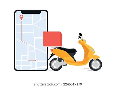 Delivery by motorcycle. Motorcycle and phone. Delivery around the city. Vector illustration