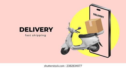 Delivery by scooter. Box delivery by moped. Online order via app. Modern collage. Halftone design elements. Delivery trunk on back side of scooter. Fast shipping concept. Order via mobile phone