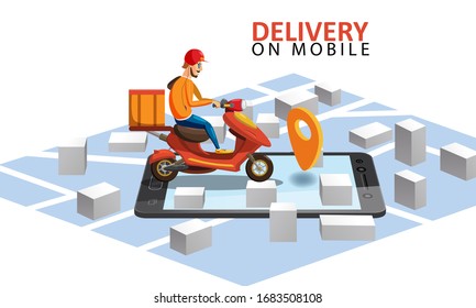 Delivery by scooter moped on mobile tracking online, map isometric. Online food order service. Landing page, template, ui, web, mobile app, poster, banner, flyer. Vector isolated