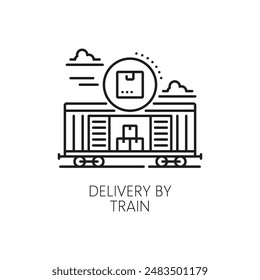 Zustellung per Zugliniensymbol, Logistik- und Frachtversand, Vektorgrafik-Piktogramm. Logistische Lieferkette der Paketbox- und Containerzustellung per Zug, Schienengüterversand und -verteilung