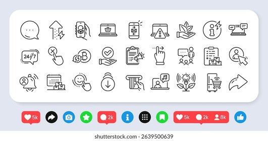 Delivery calendar, Energy growing and Megaphone checklist line icons pack. Social media: share, comment, like icons. Smile, Mail, Touchscreen gesture web icon. Vector