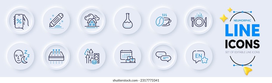 Iconos de línea de mensajes de calendario de entrega, Inflación y puntos para la aplicación web. Aplicación Pack de Descuentos, inglés, iconos del pictograma de la taza de café. Edificio, Comida, carteles de laboratorio de química. Colchón respirable. Vector