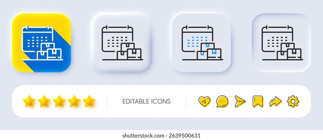 Delivery calendar line icon. Neumorphic, Flat shadow, 3d buttons. Parcel logistic date sign. Express service symbol. Line delivery calendar icon. Social media icons. Vector