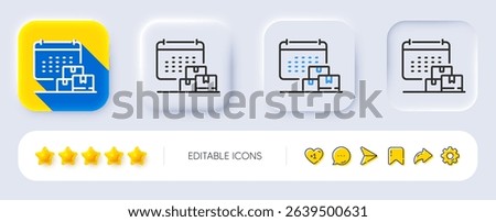 Delivery calendar line icon. Neumorphic, Flat shadow, 3d buttons. Parcel logistic date sign. Express service symbol. Line delivery calendar icon. Social media icons. Vector
