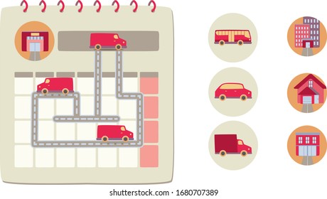 Delivery calendar page set, includes: passenger bus, a car, a semi-truck and mini bus. And icons of a residential block, or office building, private house, warehouse and small shop, bus station.