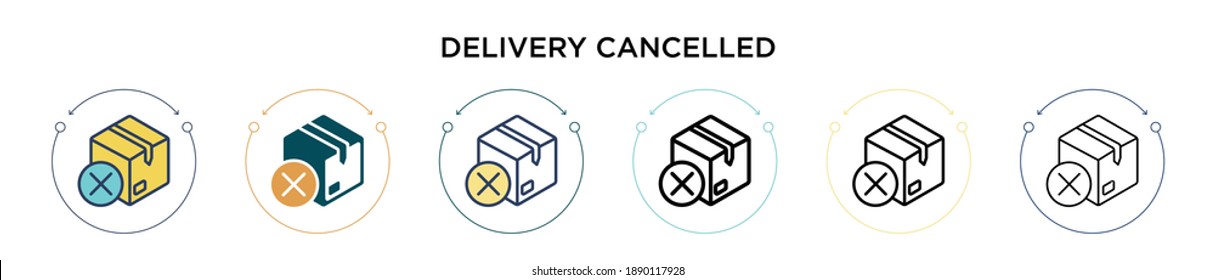 Delivery cancelled icon in filled, thin line, outline and stroke style. Vector illustration of two colored and black delivery cancelled vector icons designs can be used for mobile, ui, web