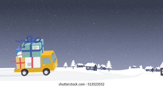 Delivery car with bunch of christmas gifts driving around a small village covered with snow.