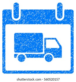 Delivery Car Calendar Day grainy textured icon for overlay watermark stamps. Flat symbol with dirty texture. Dotted vector blue ink rubber seal stamp with grunge design on a white background.