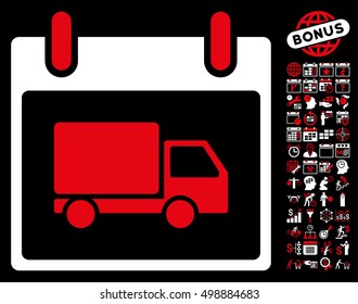 Delivery Car Calendar Day icon with bonus calendar and time management pictures. Vector illustration style is flat iconic symbols, red and white, black background.