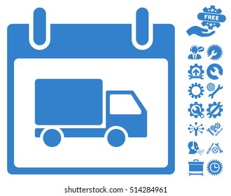 Delivery Car Calendar Day icon with bonus options symbols. Vector illustration style is flat iconic symbols, cobalt, white background.