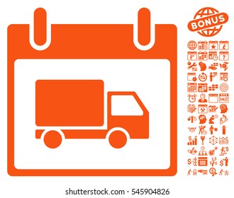 Delivery Car Calendar Day icon with bonus calendar and time management graphic icons. Vector illustration style is flat iconic symbols, orange, white background.