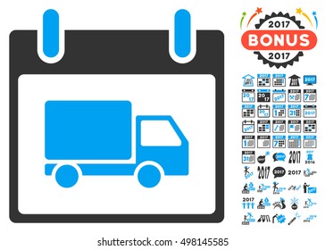 Delivery Car Calendar Day pictograph with bonus calendar and time management symbols. Vector illustration style is flat iconic symbols, blue and gray colors, white background.