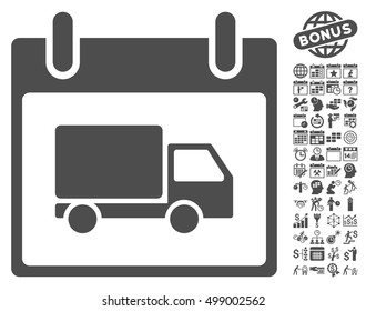 Delivery Car Calendar Day pictograph with bonus calendar and time management graphic icons. Vector illustration style is flat iconic symbols, gray, white background.