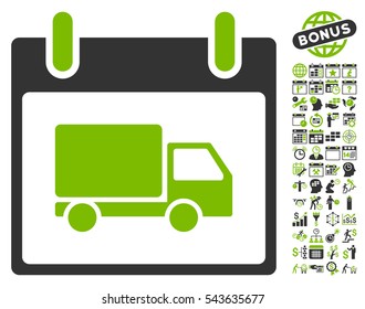 Delivery Car Calendar Day pictograph with bonus calendar and time management pictures. Vector illustration style is flat iconic symbols, eco green and gray, white background.