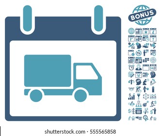 Delivery Car Calendar Day pictograph with bonus calendar and time management pictograms. Vector illustration style is flat iconic symbols, cyan and blue, white background.