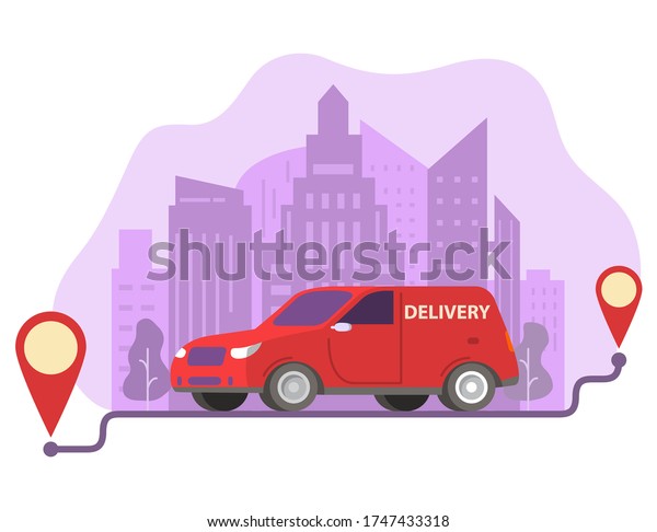 Delivery car carrying parcels on points.City\
skyline, skyscrapers.Delivery service.Vector illustration.Isolated\
on white background.