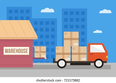 Delivery car and carton boxes. Loading concept. Vector flat cartoon illustration