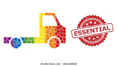 Delivery car chassi mosaic icon of round elements in variable sizes and LGBT color tones, and Essential grunge rosette stamp seal. A dotted LGBT-colored Delivery car chassi for lesbians, gays,