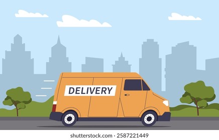 Delivery car driving through town. Yellow cargo transport. Urban landscape on background. Distribution service. Courier automobile roadway. Cartoon flat style isolated vector concept